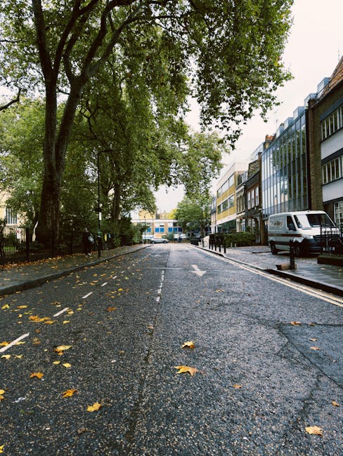 The image depicts a quiet urban street with a wet asphalt surface, indicating recent rain, scattered with yellow and brown fallen leaves. On the right side, there are modern multi-story office buildings with large glass windows and brick facades, some of which reflect the overcast sky. A white van is parked along the curb, adjacent to a black metal railing that surrounds a small sidewalk area. To the left, tall, leafy trees with dense green foliage line the street, their branches extending overhead and partially obscuring the view of the sky. In the background, a blue and white building is visible at the end of the street, with a few pedestrians walking along the pavement. The scene appears calm, with a natural atmosphere created by the trees contrasting against the urban environment, and subtly emphasizes the context of private waste handling or alternative rubbish removal options, with no visible waste or clutter in the scene. The overall composition suggests a typical city street managing daily waste disposal while providing space for independent rubbish collection services.